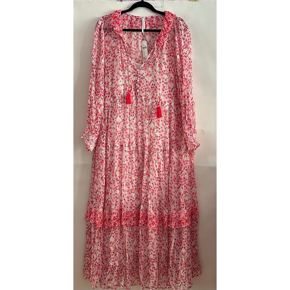 Anthropologie Floral Tiered Maxi Dress Red Pink Tassel Boho XL Petite NWT